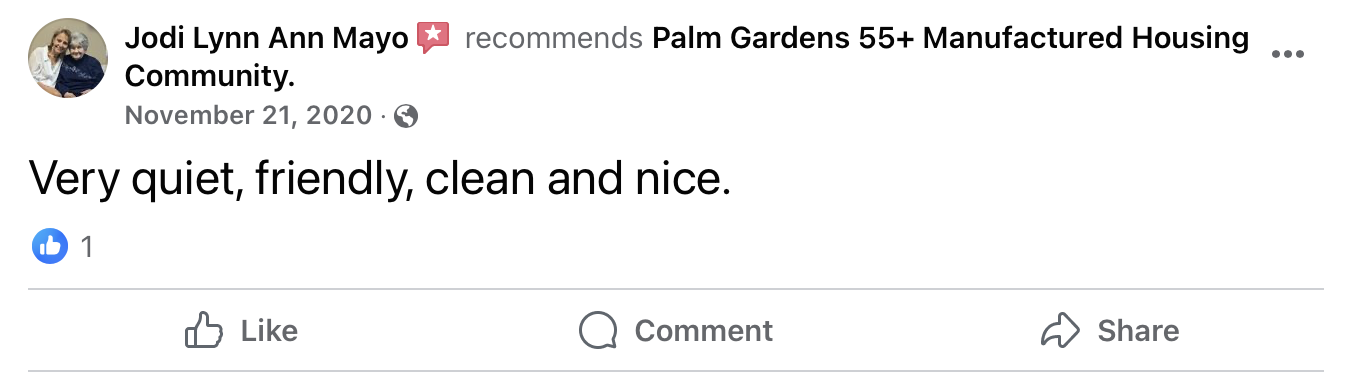 5 star Facebook review of Palm Gardens RV Park Mesa, AZ